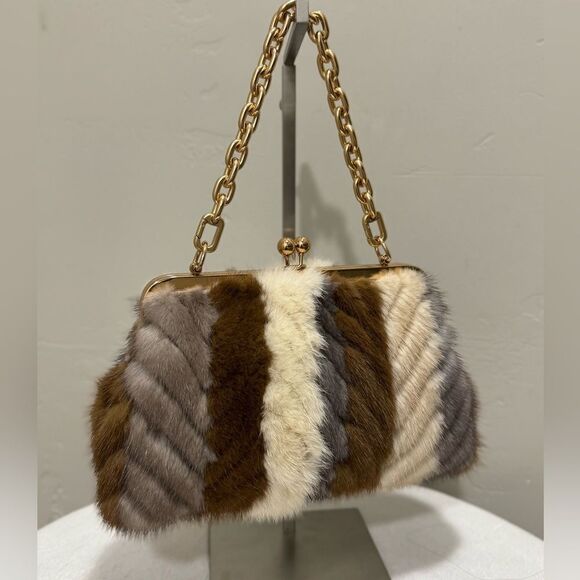 Colorblock Handmade Real Mink Fur Kisslock Clutch/Wristlet/Crossbody - Picture 4 of 15